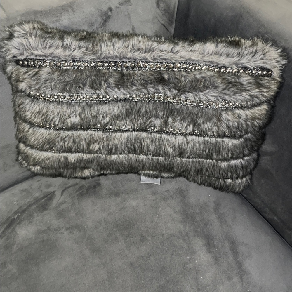 Jennifer Lopez Silver-Grey Faux Fur Jeweled Throw Pillow